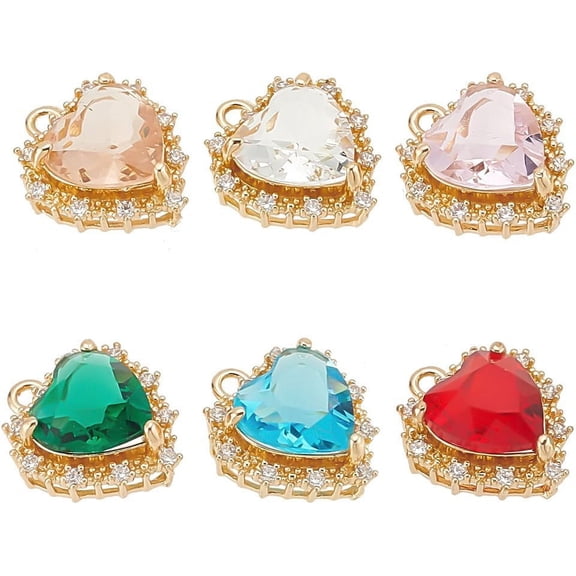 6pcs Heart Charms Brass Cubic Zirconia 6 Color Rhinestone Charms for Women Jewelry Making Pendants Tiny Dangle Craft Supplies DIY Earrings Necklace Bracelet Jewelry Accessories