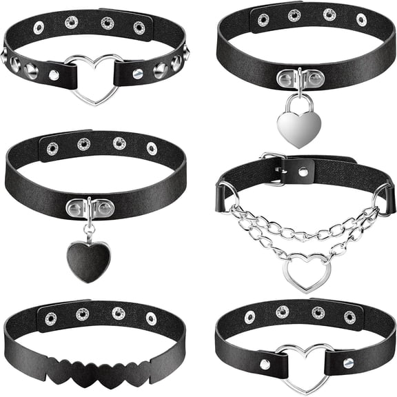 6pcs Heart Leather Choker Black Punk Goth Choker Necklace Fashion Choker with Bling Rhinestone for Women