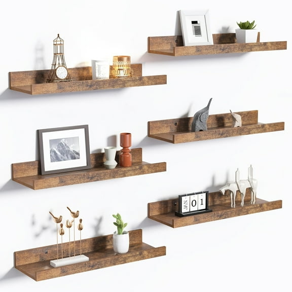 6pcs Heavy-Duty Carbonized Black Floating Shelves - 20lb Capacity, Solid Rustic Wood with Hidden Brackets - Easy Install, Farmhouse/Industrial Style for Home/Office, Space-Saving Wall Storage