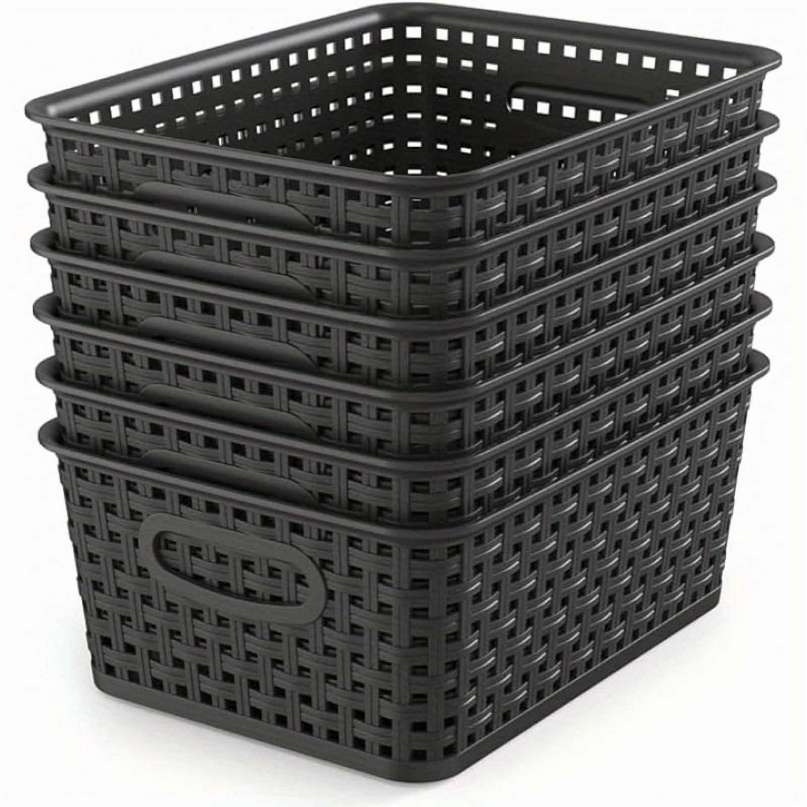 6pcs High-Quality Woven Plastic Storage Baskets – Black Weave Bins Organizer – Home, Office, Desktop, Wardrobe, Bathroom – Shelf Basket, 10.1" x 7.55" x 4.1"