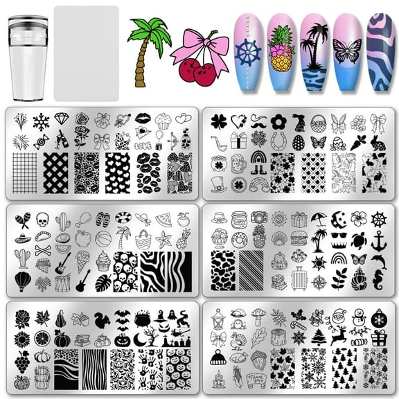 6pcs Holiday Themes Nail Stamping Plates Summer Beach Nails Art Stencils Christmas Manicure Art Templates Valentines Easter Nails Stamp Design for Women Manicures Salon Design