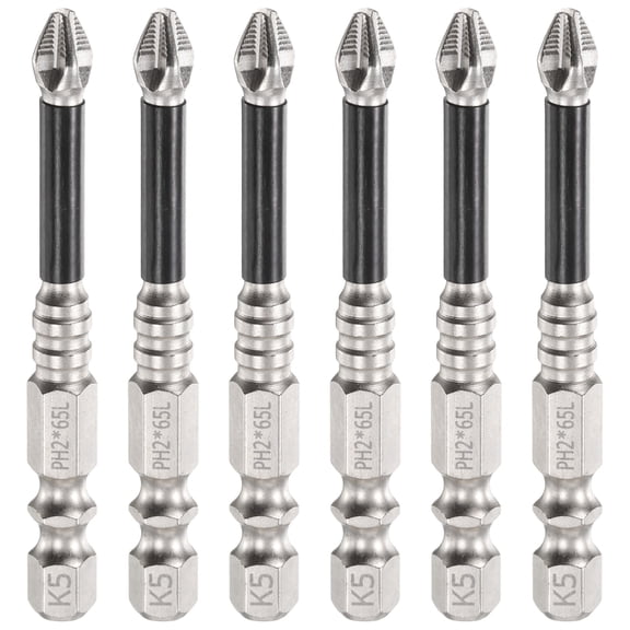 6pcs Impact Phillips Screwdriver Bit PH2 (#2) Anti Slip Tip 1/4" Hex Shank 2.56" (65mm) Long Magnetic Cross Screw Driver Industrial Power Drill Bits for Remove Fastening Screws