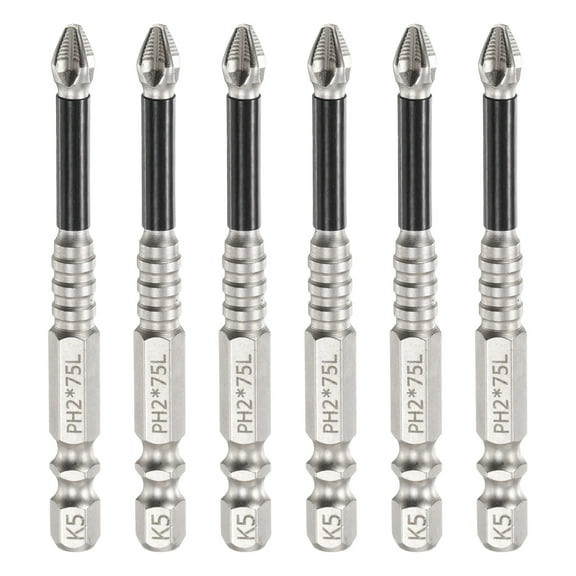 6pcs Impact Phillips Screwdriver Bit PH2 (#2) Anti Slip Tip 1/4" Hex Shank 3" (75mm) Long Magnetic Cross Screw Driver Industrial Power Drill Bits for Remove Fastening Screws
