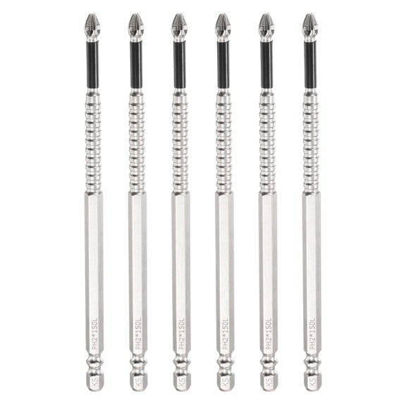 6pcs Impact Phillips Screwdriver Bit PH2 (#2) Anti Slip Tip 1/4" Hex Shank 5" (150mm) Long Magnetic Cross Screw Driver Industrial Power Drill Bits for Remove Fastening Screws