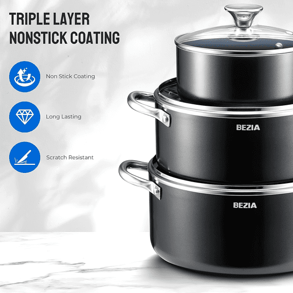 6pcs Induction Cookware, Pots and Pans Set with Non-Stick Ceramic Coating, Dishwasher Safe & Oven Safe, Compatible with All Stoves, Black