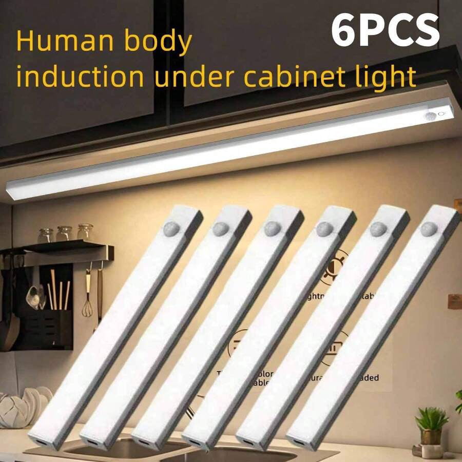 6pcs Intelligent LED Motion Sensing Cabinet Light, USB Rechargeable Wireless Cabinet Lighting, 5V Portable Magnetic Night Light, Indoor Wardrobe Light, Motion Activated For Corridor, Kitchen,