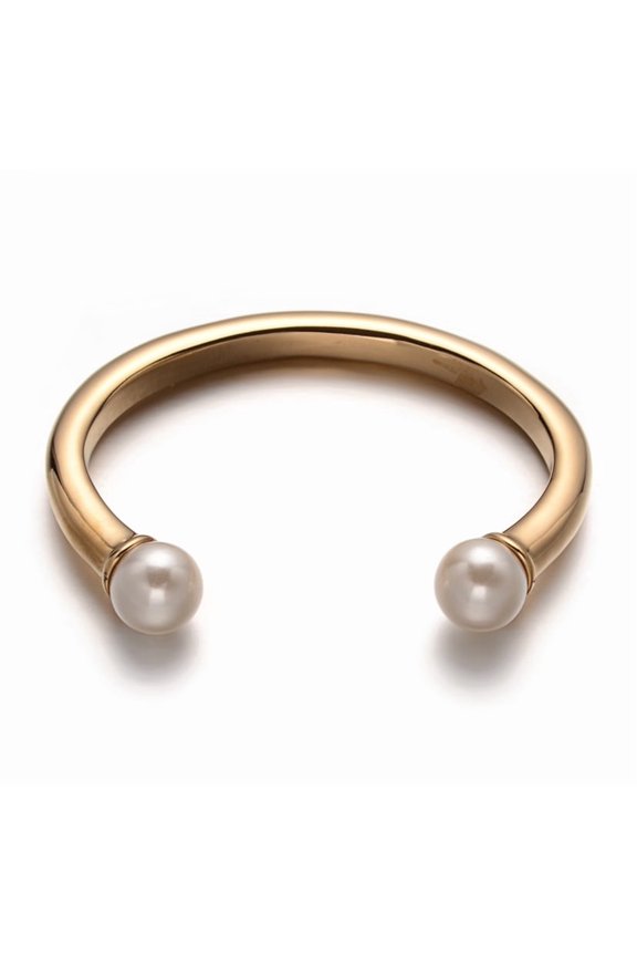 6pcs Ion Plating(IP) 316 Surgical Stainless Steel Cuff Bangles with Imitation Acrylic Pearl Beads Golden 45x59mm