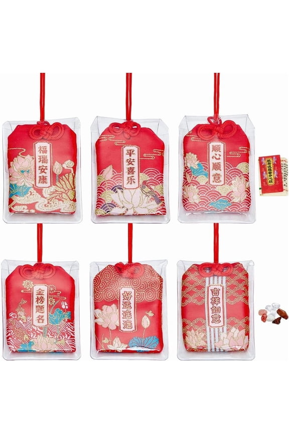 6pcs Japanese Omamori Amulets Good Luck Hanging Ornament Red Blessing Lucky Charm with Lucky Stone and Sutra Books Gift