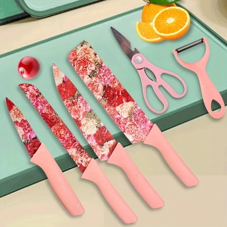 6pcs Jasmine Pattern Kitchen Knife Set, Colorful High Carbon Stainless Steel Blades, Ergonomic Handles, Cleaver/Bread Knife/Scissors/Peeler, Great Gift for Women & Men price history and forecast - FANRUINA