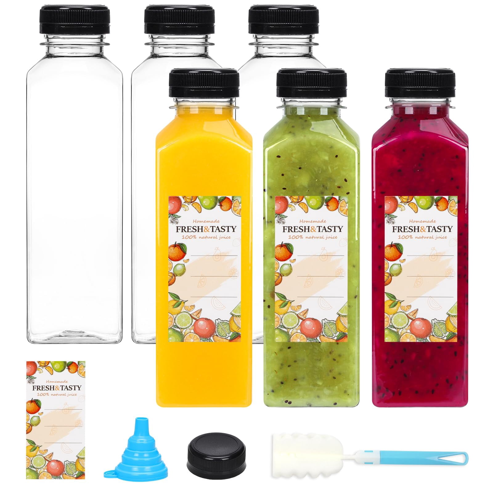 6pcs Juice Bottles 16oz Reusable Plastic With Caps And Labels Funnel ...