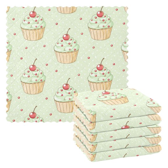 6pcs Kitchen Dish Towels Absorbent Polyester Fleece Reusable Cleaning Cloths Mint Green Cupcake Pattern