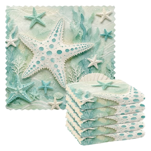 6pcs Kitchen Dish Towels Absorbent Polyester Fleece Reusable Cleaning Cloths Mint Green Starfish