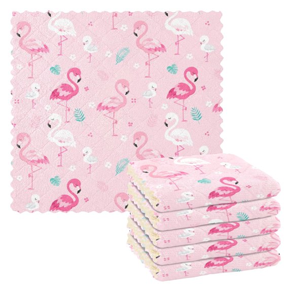 6pcs Kitchen Dish Towels Absorbent Polyester Fleece Reusable Cleaning Cloths Pink Flamingos in Uniform Pose