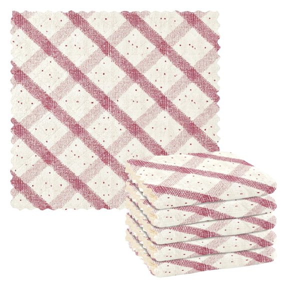 6pcs Kitchen Dish Towels Absorbent Polyester Fleece Reusable Cleaning Cloths Red and Cream Diamond Shapes