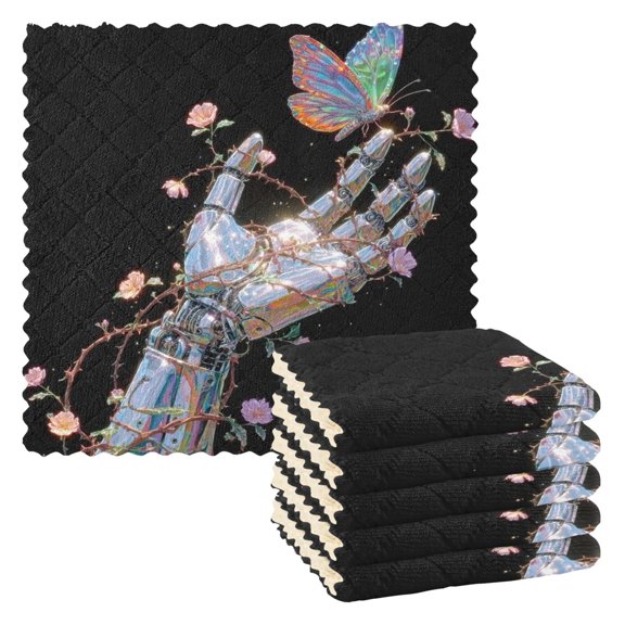 6pcs Kitchen Dish Towels Absorbent Polyester Fleece Reusable Cleaning Cloths Robotic Arms and Butterflies
