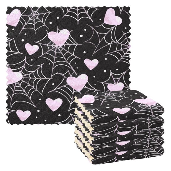 6pcs Kitchen Dish Towels Absorbent Polyester Fleece Reusable Cleaning Cloths Spiderweb and Heart-shaped Pattern