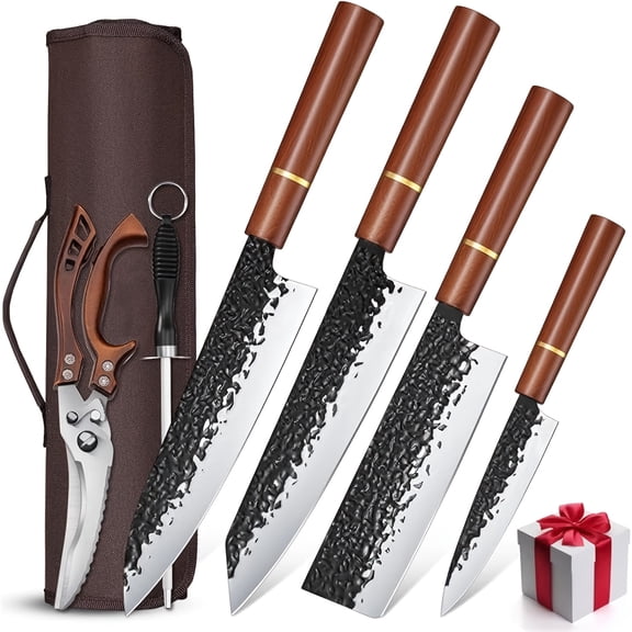 6pcs Kitchen Knife Set with Covers - Professional Chef Knife Set with Bag & Sharpener, High Carbon Steel Forged Knives Sets with Scissors, Kitchen Knives Sets, Gift for Men Women