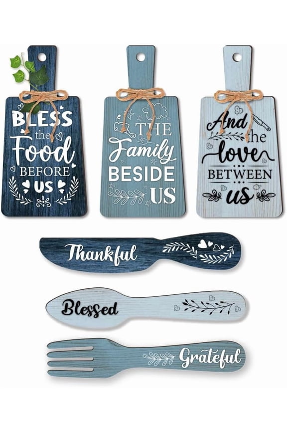 6pcs Kitchen Wall Decor Bless Food Sign Set Wall Table Accessories Wooden Pendant Decorations Mini Plaque for DIYk Spoon Shape Sign Rustic Style Home Dector Blue 11x5.5/11.8x2