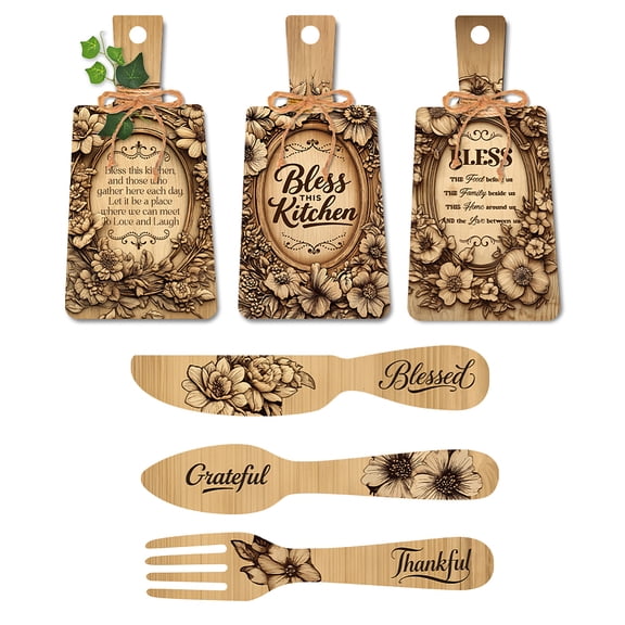 6pcs Kitchen Wall Decor Eat Sign Blessed Grateful Thankful Wood Sign Cutting Board Fork and Spoon Kitchen Wall Hanging Plaques Flower Farmhouse Board