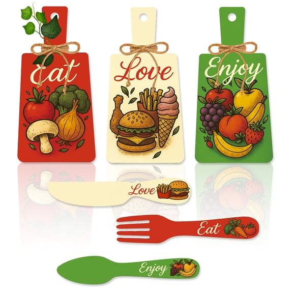 6pcs Kitchen Wall Decor Eat Sign Eat Love Enjoy Wood Sign Cutting Board Fork and Spoon Kitchen Wall Hanging Plaques Farmhouse Board