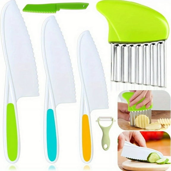 6pcs Knife Set, Plastics Kitchen Knife With Crinkle Cutter, Peeler, Serrated Edges Plastic Knife For Real Cooking & Cutting Fruit, Bread, Lettuce, Kitchen Stuff