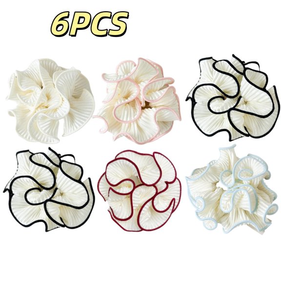 6pcs Large And Fluffy Hair Clips, with Double-Layered Pleated Ruffled Edge Design. Edges Decorated with Colorful Borders. Suitable for Daily Updos Or Ponytails