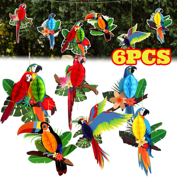 6pcs Large Tropical Birds Honeycomb Cutouts, 9 x 7.7 inch Paper Bird Decorations, Luau Party Decorations, Hawaiian Party Decorations
