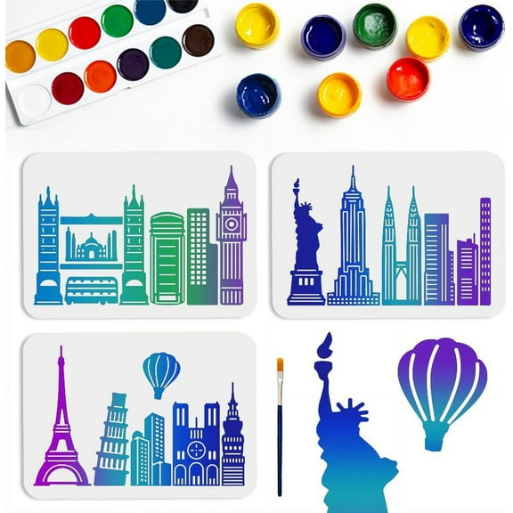 6pcs Layered City Buildings Stencil 8.311.7inch Large City Landmark Building Stencils with Paint Brush Reusable Cityscape Skyline Stencils Template for Wood Canvas Paper Floor Wall diy