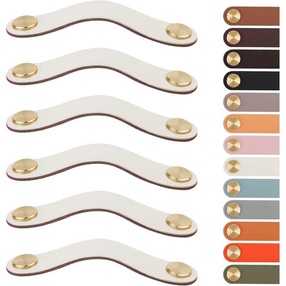 6pcs Leather Drawer Handles Fit to 160mm Cupboard Hole Pitch, Faux Leather Pulls Cabinet Handles, Drawer Knobs for Kitchen, Bathroom, Dresser, Wardrobe (160mm Hole Center, Golden + Cream)