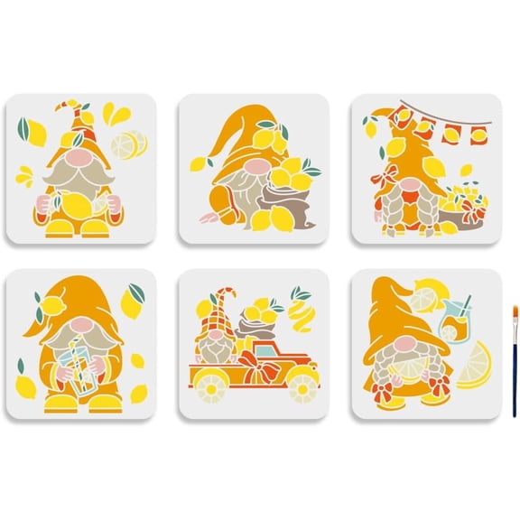 6pcs Lemon Gnome Stencils 88inch Gnome Themed Stencils with Paint Brush Reusable Summer Lemon Juice Truck Drawing Template