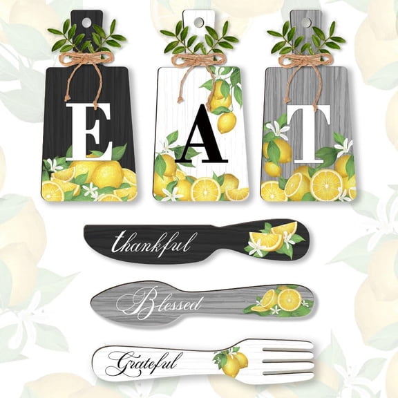 6pcs Lemon Kitchen Wall Decor Wood Sign Eat Sign Fork Spoon Wall Decor Hanging Plaques Farmhouse Cutting Board Sign with Hemp Rope for Home Kitchen Dining Living Room Bar Cafe