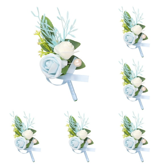 6pcs Light Blue Boutonnieres for Men, Artificial Flower Pocket Corsage for Wedding Party