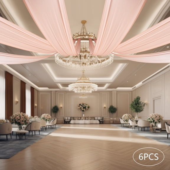 6pcs Light Pink Chiffon Ceiling Drapes, 5 x 30 ft Backdrop Curtains for Party Ceremony Wedding Stage