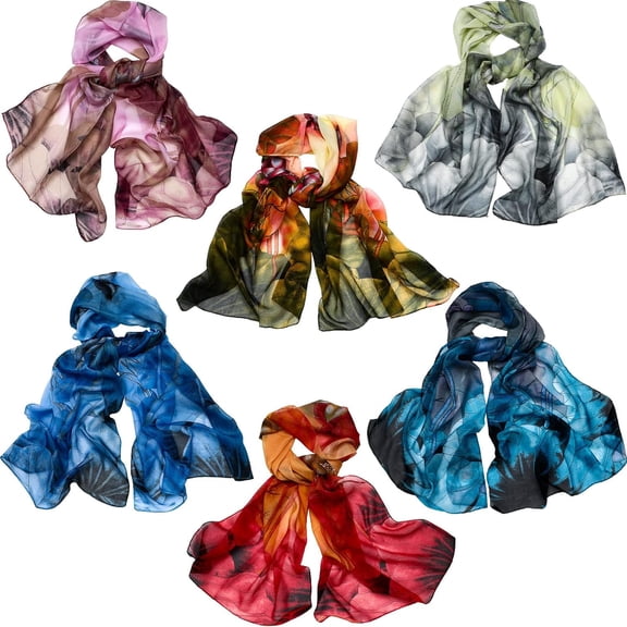 6pcs Lightweight Scarfs for Women, Ultra Thin Scarves Floral Pattern Dressy Scarf Lotus Print Long Chiffon Georgette Thin Shawl Scarves