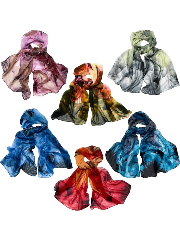 6pcs Lightweight Scarfs for Women, Ultra Thin Scarves Floral Pattern Dressy Scarf Lotus Print Long Chiffon Georgette Thin Shawl Scarves