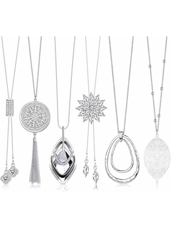 6pcs Long Pendant Necklaces for Women Long Sweater Necklaces Silver Flower Tassel Disk Circle Leaf Statement Sweater Chain Necklace for Women Y Necklace Set Fashion Jewelry