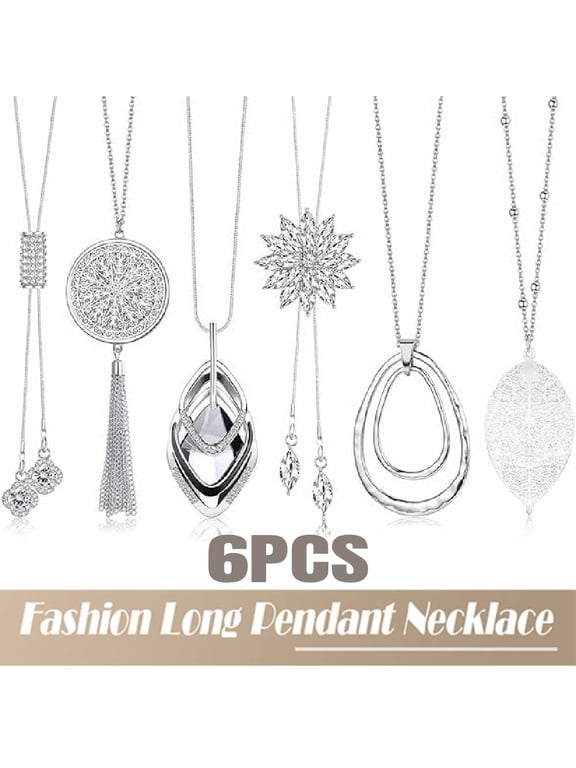 6pcs Long Pendant Necklaces for Women Long Sweater Necklaces Silver Flower Tassel Disk Circle Leaf Statement Sweater Chain Necklace for Women Y Necklace