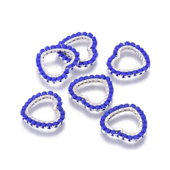 6pcs MIYUKI & TOHO Handmade Japanese Seed Beads with 304 Stainless Steel Link Rings Loom Pattern Heart Silver Blue 13.5~14x15x1.8~2mm