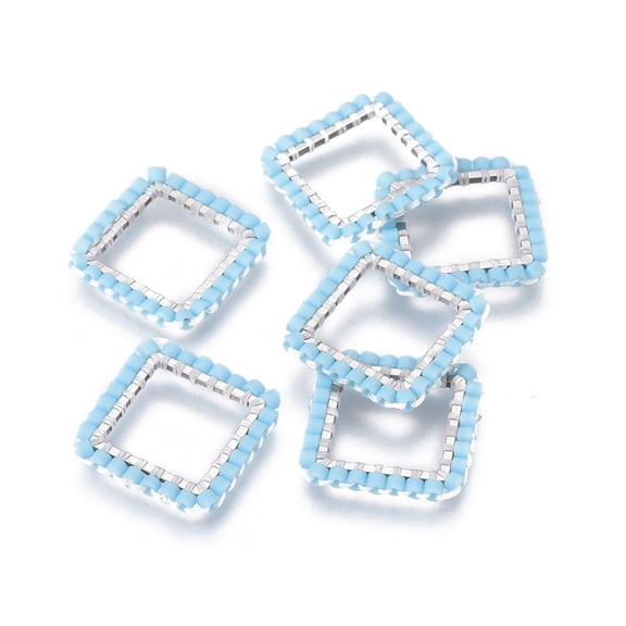 6pcs MIYUKI & TOHO Handmade Japanese Seed Beads with 304 Stainless Steel Link Rings Loom Pattern Square Silver Light Sky Blue 15x15x1.8~2mm