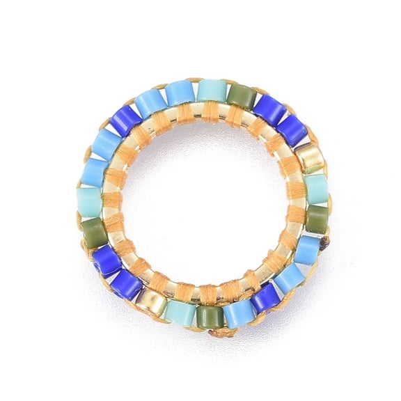 6pcs MIYUKI & TOHO Handmade Japanese Seed Beads with Brass Link Rings Loom Pattern Ring Golden Colorful 15~16x1.8mm