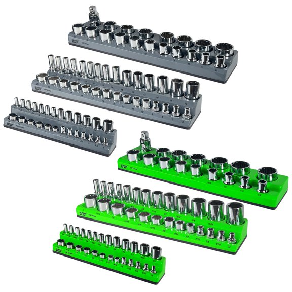 6pcs Magnetic Socket Organizer Set, Socket Holder Includes 1/4", 3/8", 1/2" Drive Metric & SAE Socket Trays, Holds 143 Standard Size And Deep Size Sockets, Fine Christmas Gift.