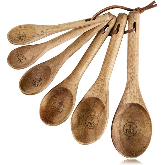 6pcs Measuring Spoons Set, Natural Acacia Wooden Includes 1/8 tsp, 1/4 1/2 1 tbsp & tbsp, Cute Teaspoon Tablespoon for Dry Ingredients
