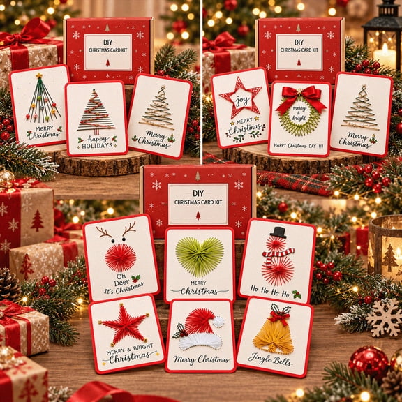 6pcs Merry & Bright Christmas DIY Kit, DIY String Art Craft Set for Holiday Card Decoration, Handmade Christmas Artwork, Christmas Tree Design