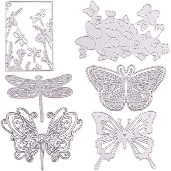 6pcs Metal Frame Cutting Dies Butterfly Dragonfly Carbon Steel Embossing Stencil Template Mould for DIY Card Making Scrapbooking Paper Craft Photo Album Gray