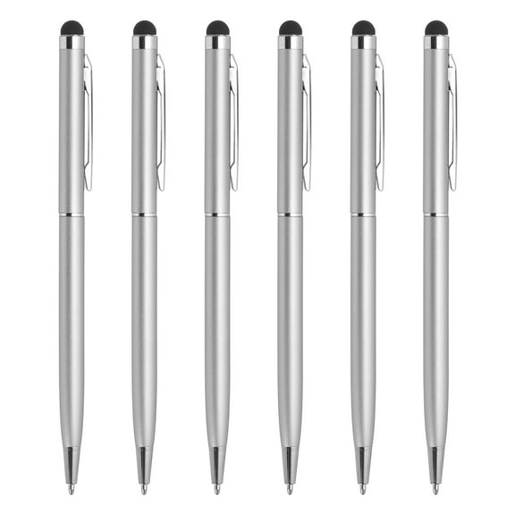 6pcs Metal Stylus Pen Ballpoint Pen 2 in 1 Universal Retractable Ink Pen with Stylus Tips, Silver