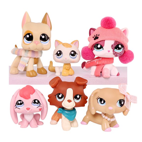 6pcs Mini Pet Toys Set Include Dachshund Great Dane Bunny Rabbit Collie Short Hair Cat Kitten