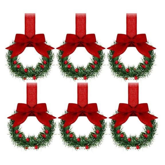 6pcs Mini Plastic Christmas Wreaths with Ribbon Bows for Window and Door Holiday Decor
