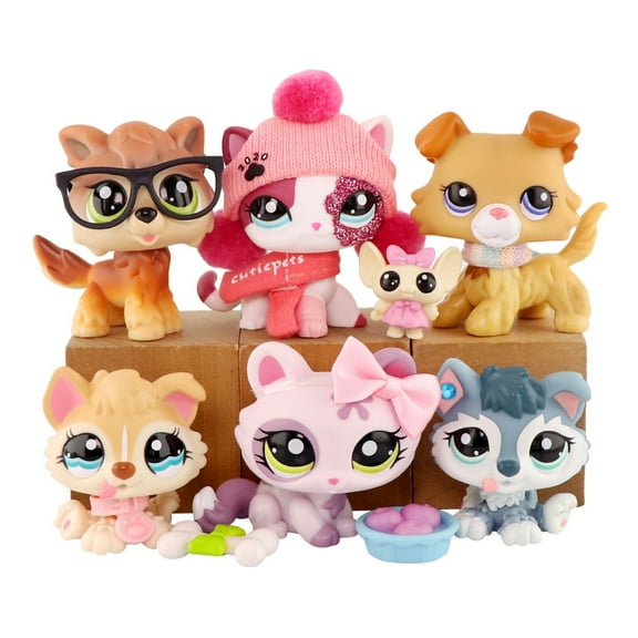 6pcs Minilpsshop Cat Dog Multi Item,Shorthair Cat Baby Husky Collie Wolf with Cute Glasses Scarf Hat and More Accessories,Birthday Christmas Halloween Gift