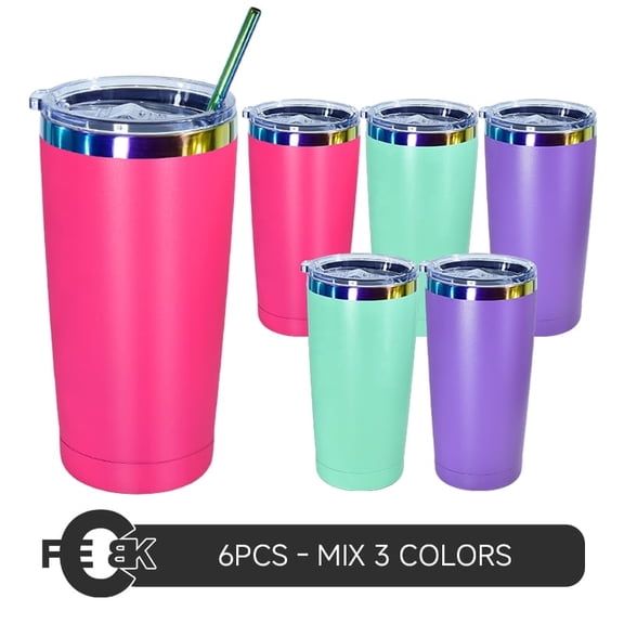 6pcs, Mix colors regular travel mug tumbler 304 stainless steel Powder Coating Travel Cup - rainbow Color Plated, With Lid And Straw, Double Wall Vacuum Insulated Coffee Cups For Cold & Hot Drinks