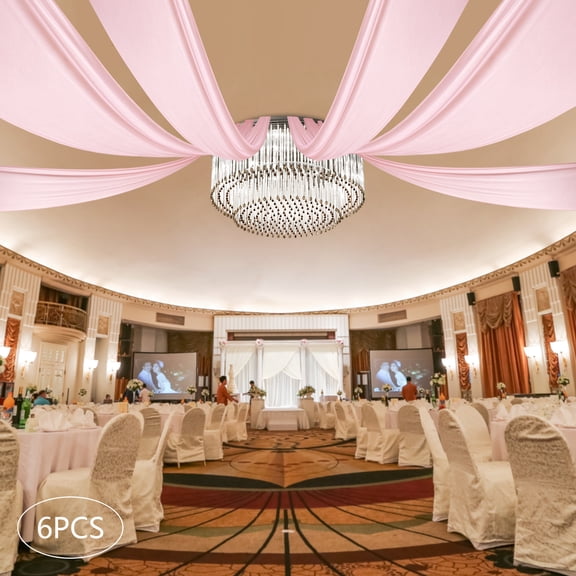 6pcs Modern Chiffon Ceiling Drapes, 5x30ft Pink Backdrop Curtains, Party Ceremony Stage Wedding Decoration